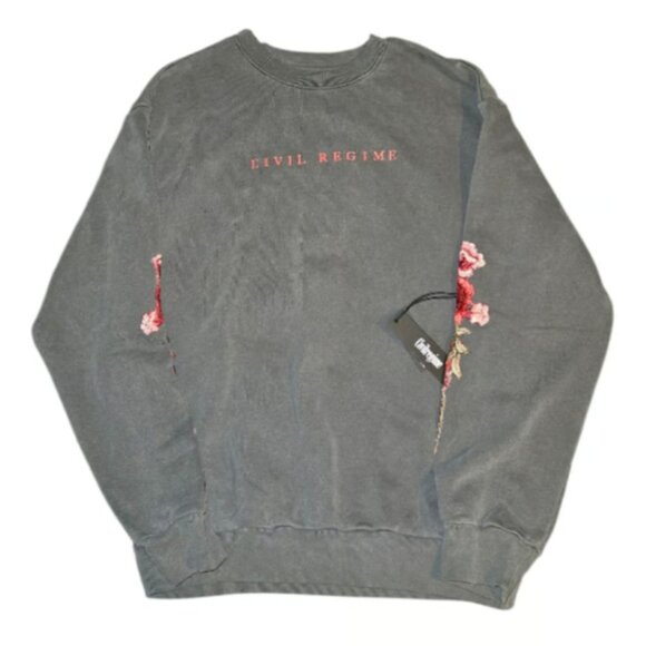 Civil Regime Gray Crew neck W/Roses Embroidery on Sleeves Vintage Wash - Picture 3 of 7